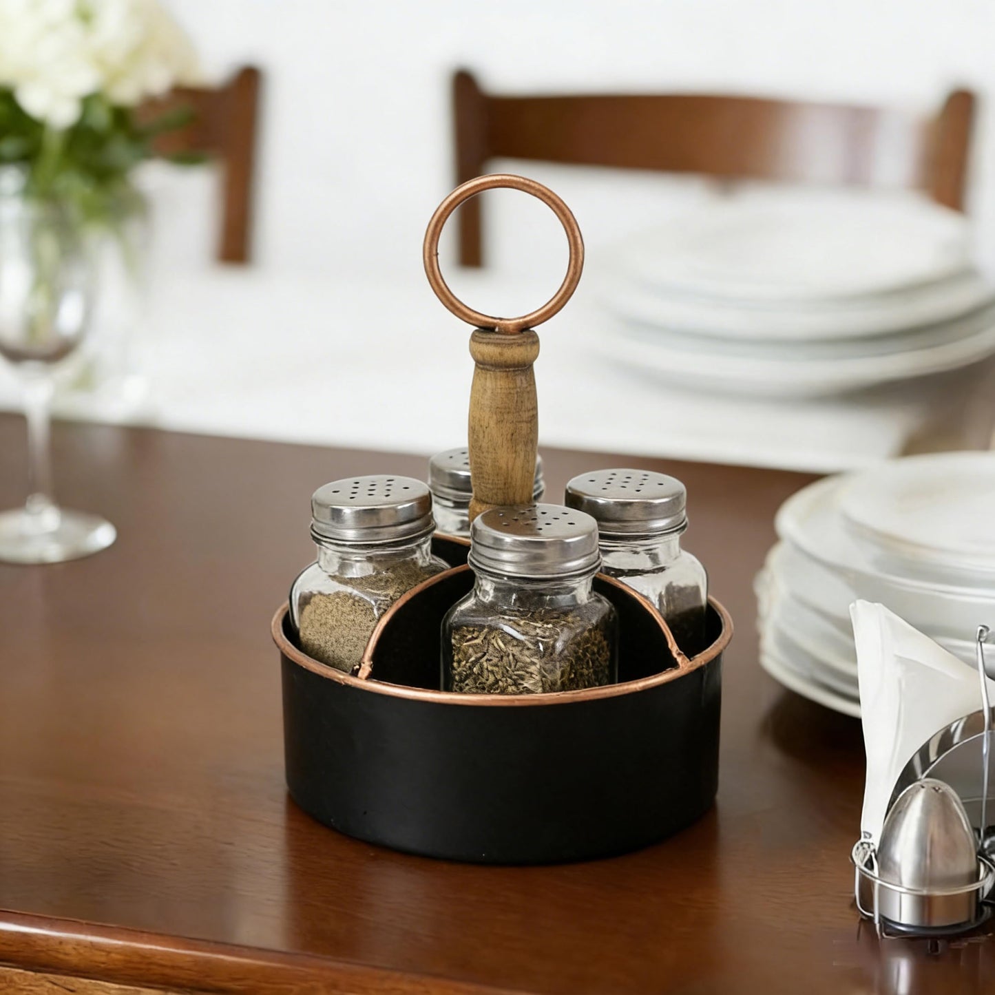 ZNCO Metal Round Salt, Pepper and Toothpick Caddy with Wooden Handle, Glass Shakers Set, Rustic Vintage Style, Black