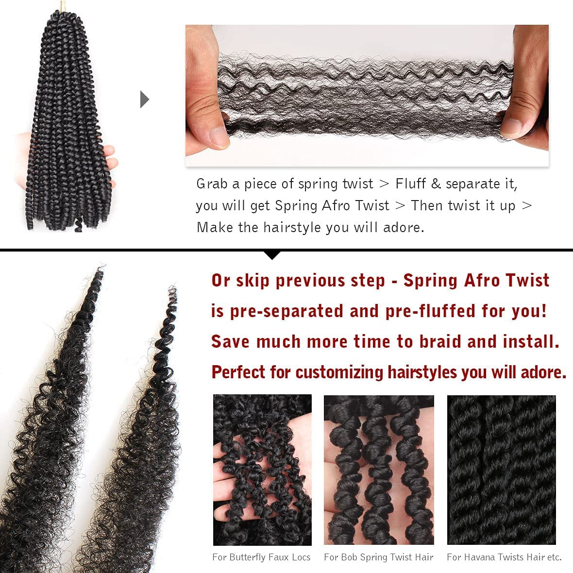 Xtrend 8 Packs 12 Inch Soft Springy Afro Twist Hair Pre-Separated Spring Twist Hair for Faux Locs Natural Black Marley Twist Crochet Braiding Hair Synthetic Hair Extensions 8 Strands/Pack 1B#