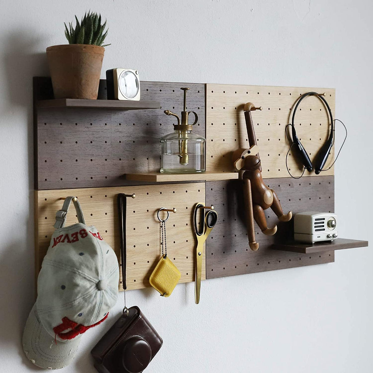 XAOHOME Wooden Pegboard, Sturdy Peg Board for WallsModular Grid Organizer, DlY Storage and Display Panels withShelves and Brass Hooks(Wainut Color)
