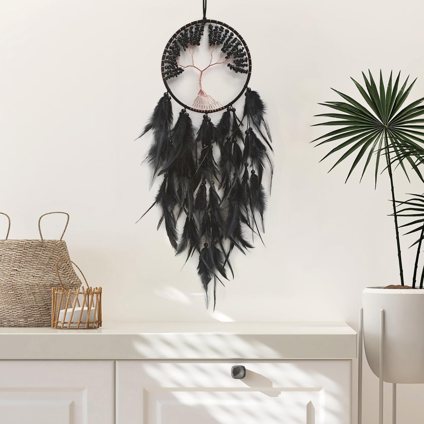 RAGKUU Black Dream Catcher Wall Decor Crystal Tree of Life Dream Catchers Handmade Feather Dreamcatcher Wall Hanging Ornament for Bedroom Living Room Home Decor