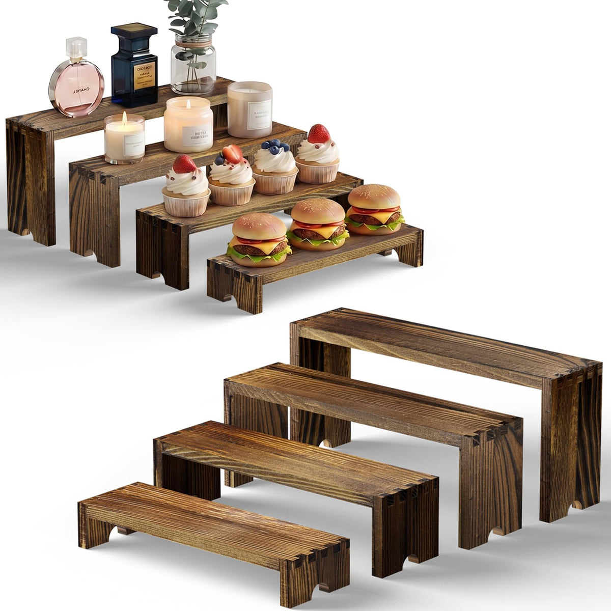2 Set Wood Risers Tiered Display Stands Wooden Cupcake Stand Small Perfume Organizer Stackable Food Display Risers for Party Dessert Table Cologne Organizer Wood Risers for Decor Vendor, Brown