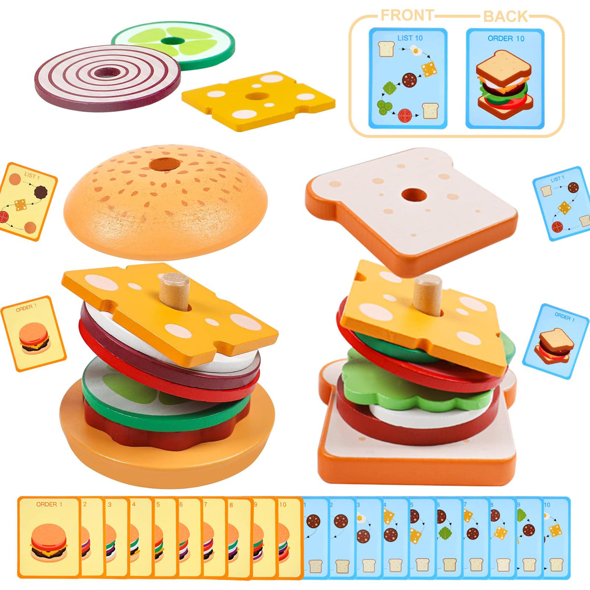 Montessori Toys for 2, 3 Year Old, Wooden Burger Sandwich Stacking Toys for Toddler Educational Toys Fine Motor Skills Foods Preschool Learning Blocks Gifts Boys Girls