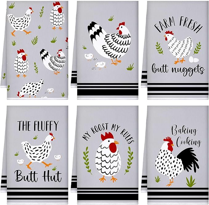 Boyiee Set of 6 Farm Chickens Kitchen Towels Farmhouse Absorbent Dish Tea