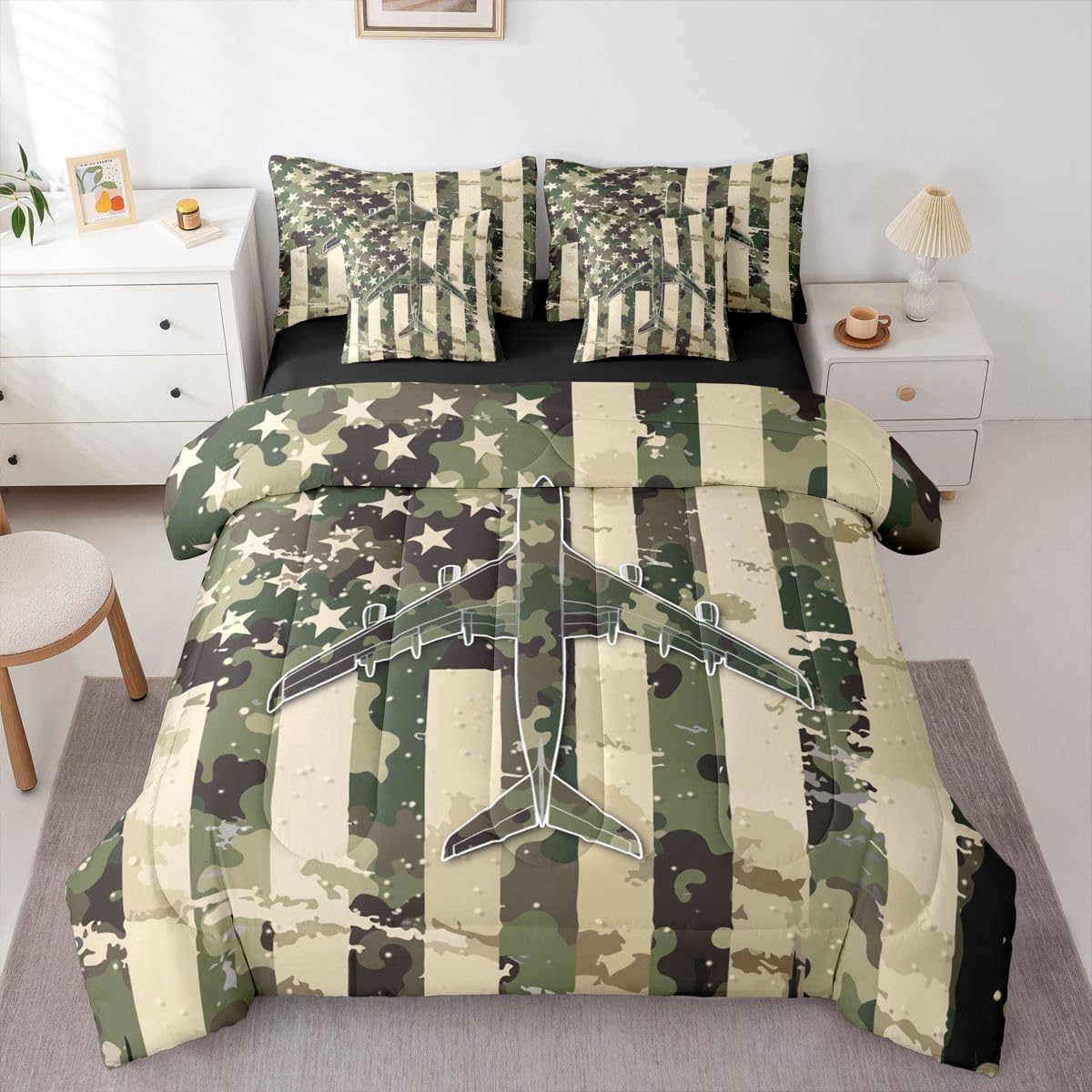 Erosebridal 7 Pcs Camo American Flag Comforter Set Twin Camouflage Military Aircraft Bedding Set for Boys Kids Teens Men Army Green Airplane Bed in A Bag with Sheets Vintage Patriotic Plane Bed Sets