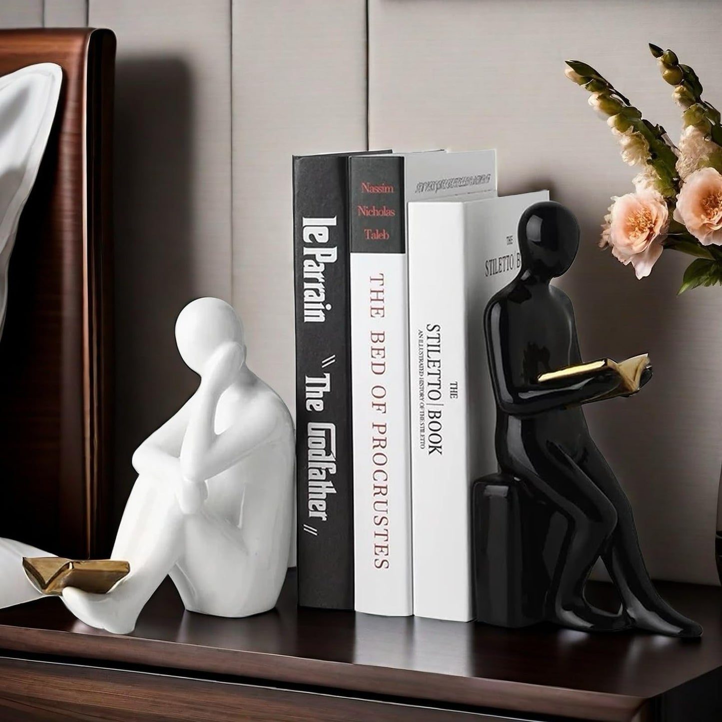 Home Decorative Reading Book Statue Bookends Elegant Resin Bookshelf Room Office Desk Decor,Paper Weights, Book Ends,Bookend Supports, Book Stoppers, Set of 2 (Black and White)