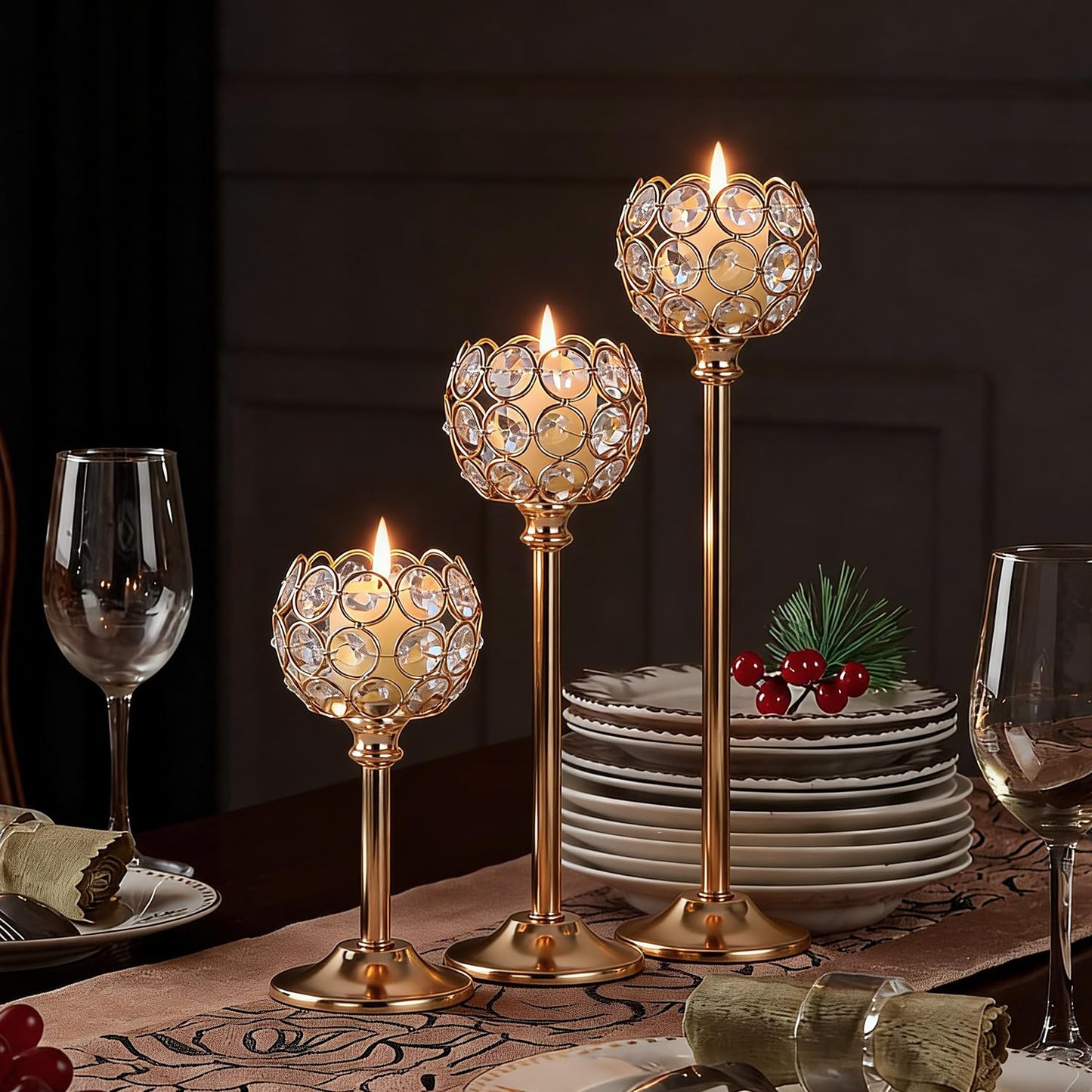 Oakernel Gold Crystal Candle Holders Candlestick Holders - 2 Sets Tall Bling Bowl Candelabra Centerpieces for Dining Table, Wedding, Party & Fireplace Mantel Decor,6Pcs