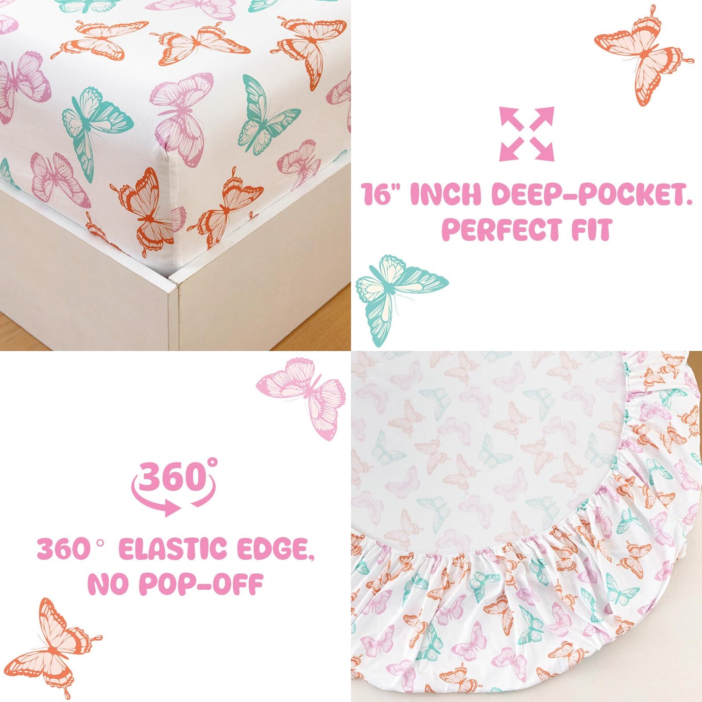 MICORAL Kids Twin Sheet Set Butterfly, 3 Pieces Sheets for Boys & Girls, Soft Printed Microfiber Bed Sheets, Deep Pocket Cozy Toddler Bedding Set