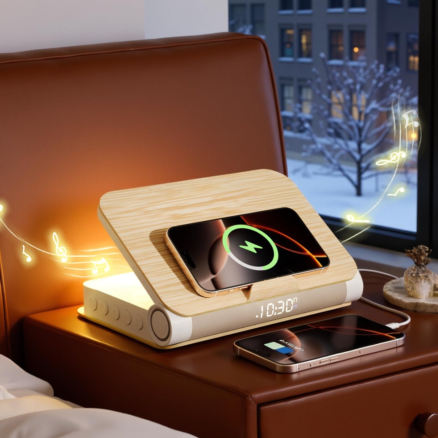 Vivilumens Alarm Clocks Wireless Charger Bluetooth Speaker Loud Sunrise Bedside Lamp for Heavy Sleepers Adults with Book Shape Wake Up Light for Bedroom Home Decor （Wooden Grain）