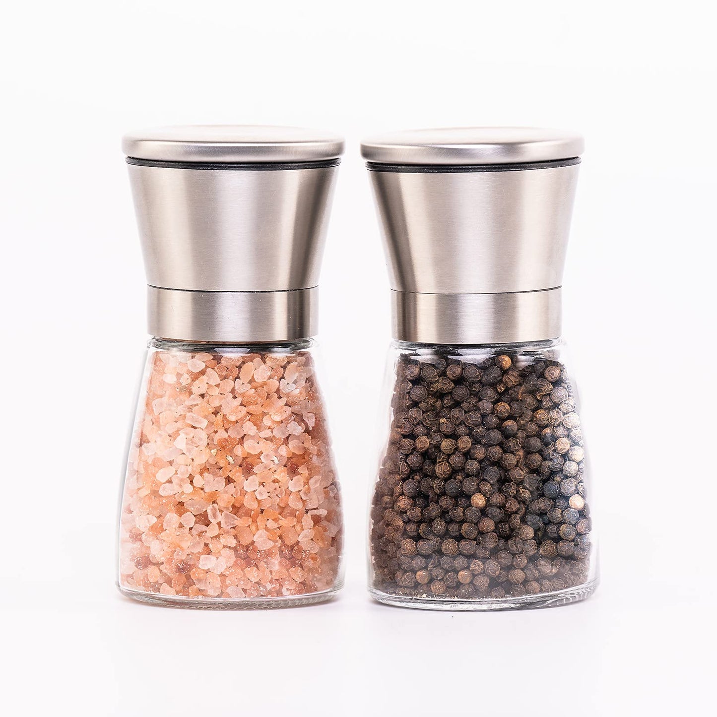 Salt and Pepper Grinder Set with Wood Tray, Manual Sea Salt, Spice and Peppercorn Mill, Glass Container, Stainless Steel Cap, Adjustable Coarseness and Refillable for Modern Farmhouse Kitchen Table