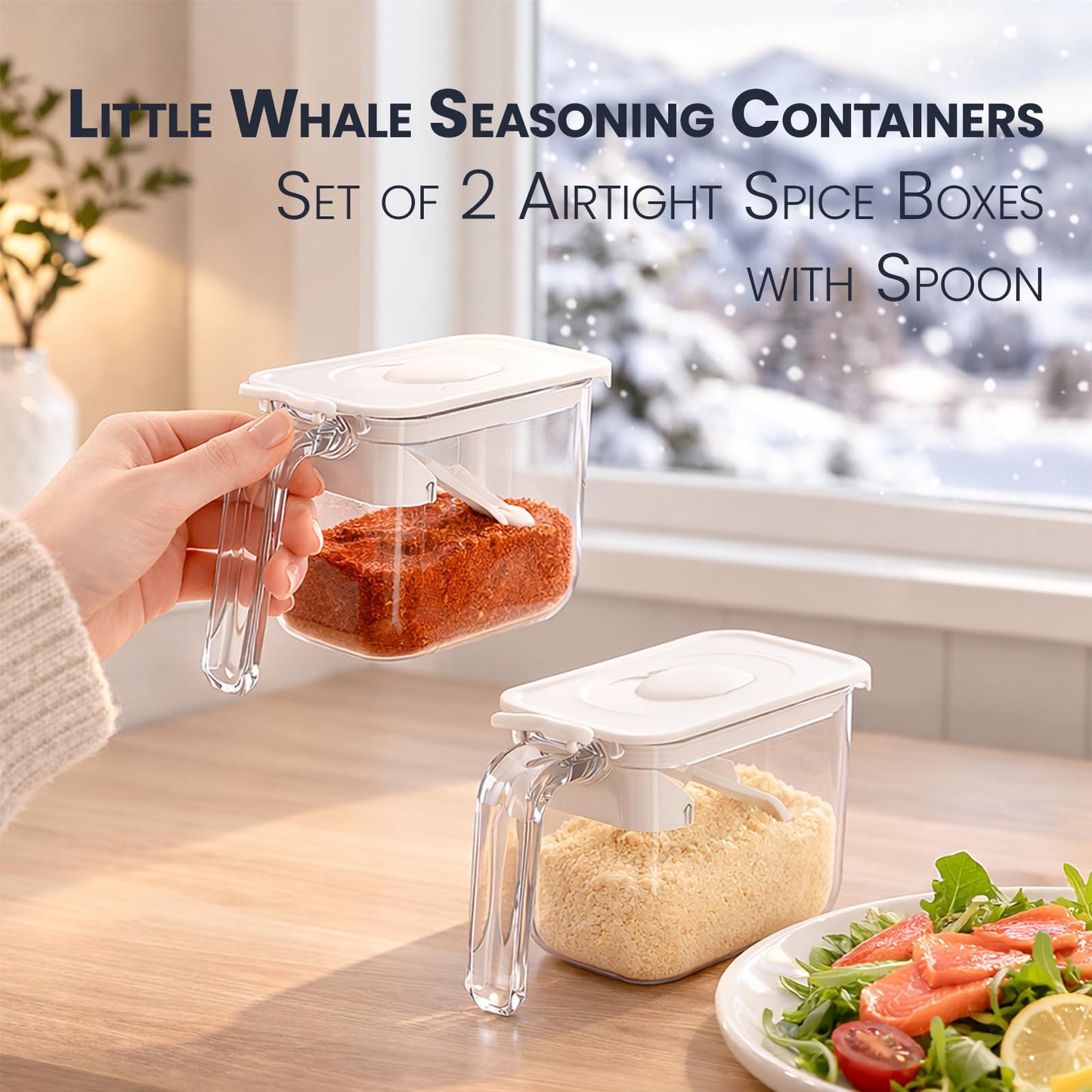 Mistifi Little Whale Seasoning Containers (Set of 2, White) – Airtight Spice Boxes with One-Press Lid & Built-In 2g Measuring Spoon, Food-Grade Storage Jars for Salt, Sugar & Spices