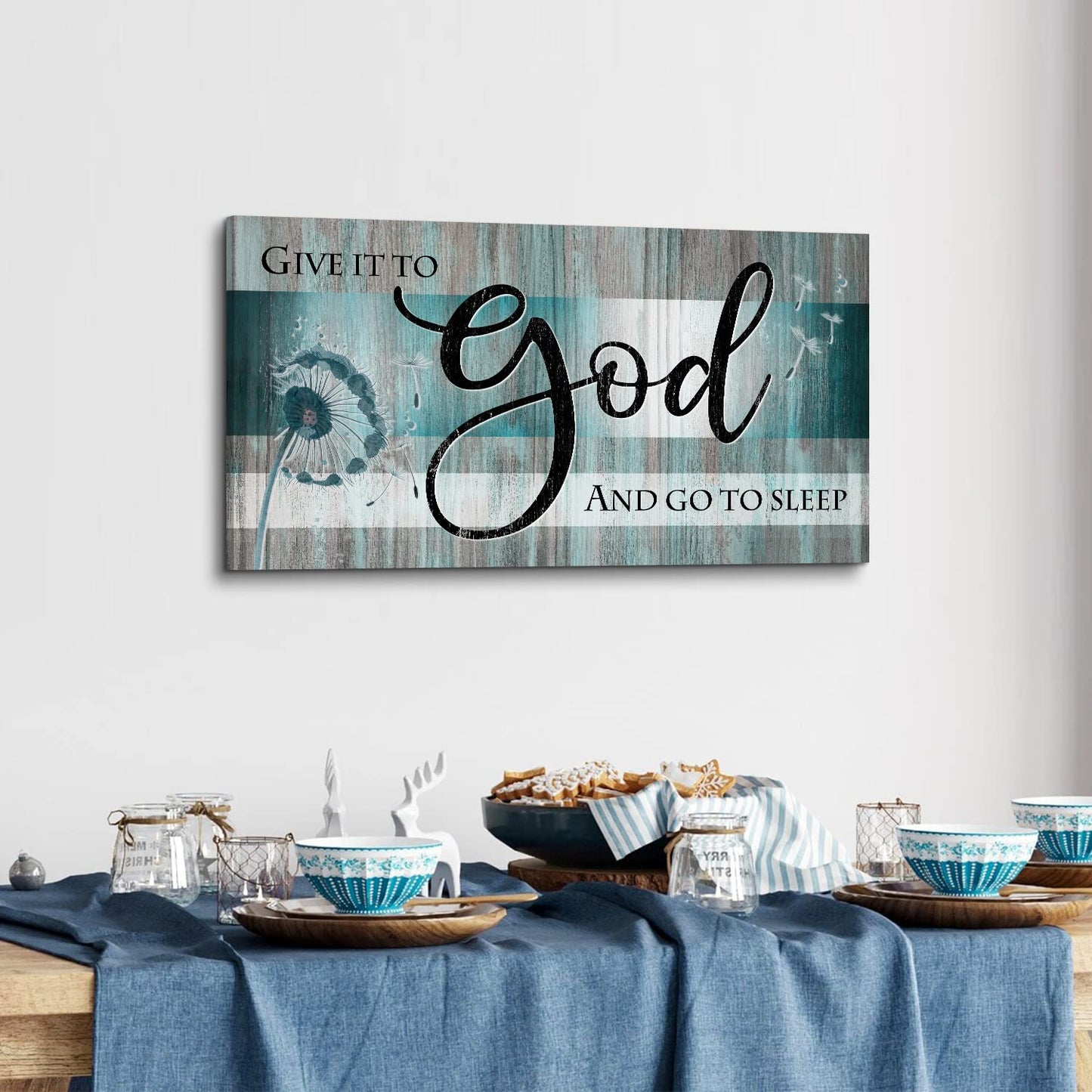 Christian Wall Art Bible Verse Wall Decor Give It to God and Go to Sleep Bedroom Pictures Teal Faith Quote Canvas Painting Religious Scripture Poster Dandelion Artwork Living Room Decorations 20x40"