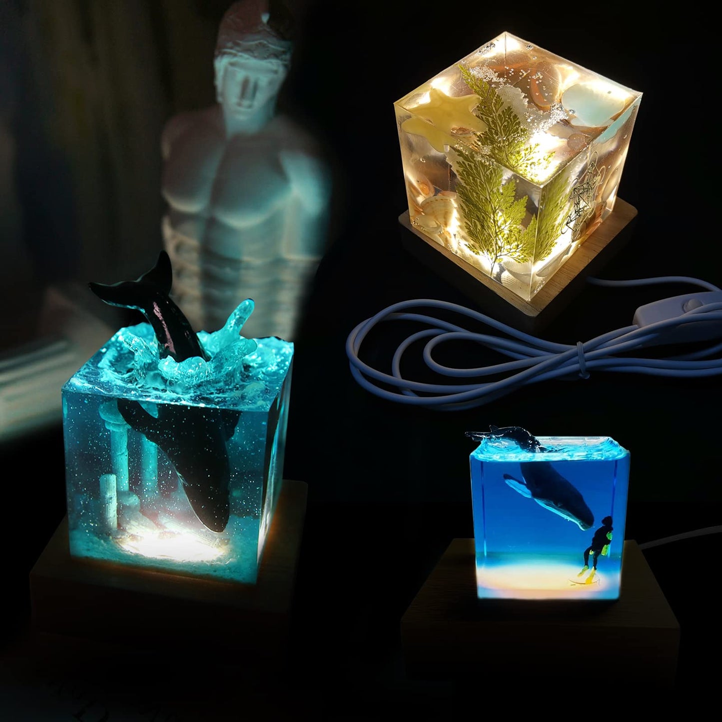 Voaesdk Light Resin Square Molds,Large Cube LED Silicone Moulds for Resina with USB Powered Wooden Lighted Base for DIY Crystal Resin Art Table Lamp Home Decoration
