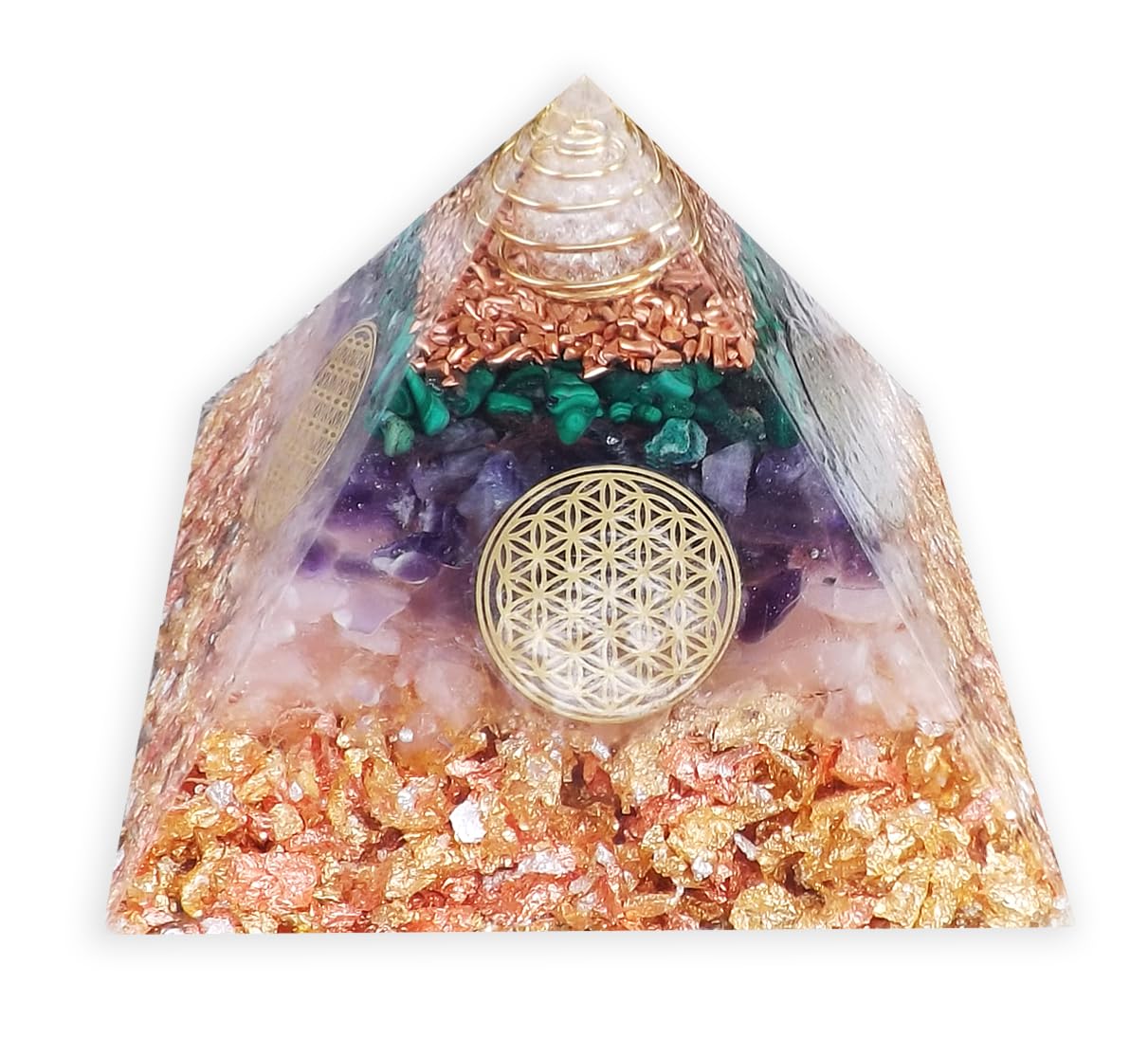 ORGONIC-Art Orgonite Pyramid – Inspired by the Ideas of Wilhelm Reich, with Malachite, Amethyst & Rose Quartz, a Symbol for a harmoniously perceived Atmosphere amid WiFi, 5G & Modern Technology.