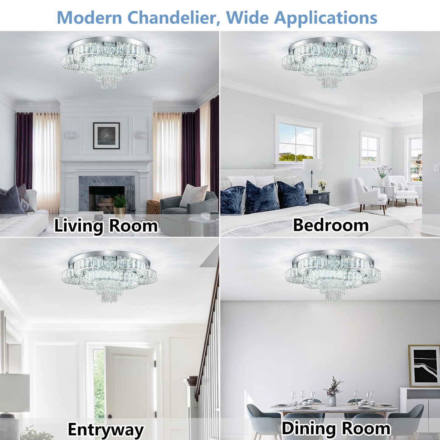 HongnuoFc 21 Inch Crystal Chandelier LED Flush Mount Ceiling Light Fixtures Luxury Chandeliers for Living Room Bathroom Bedroom Entrance Dining Room(Cool White)