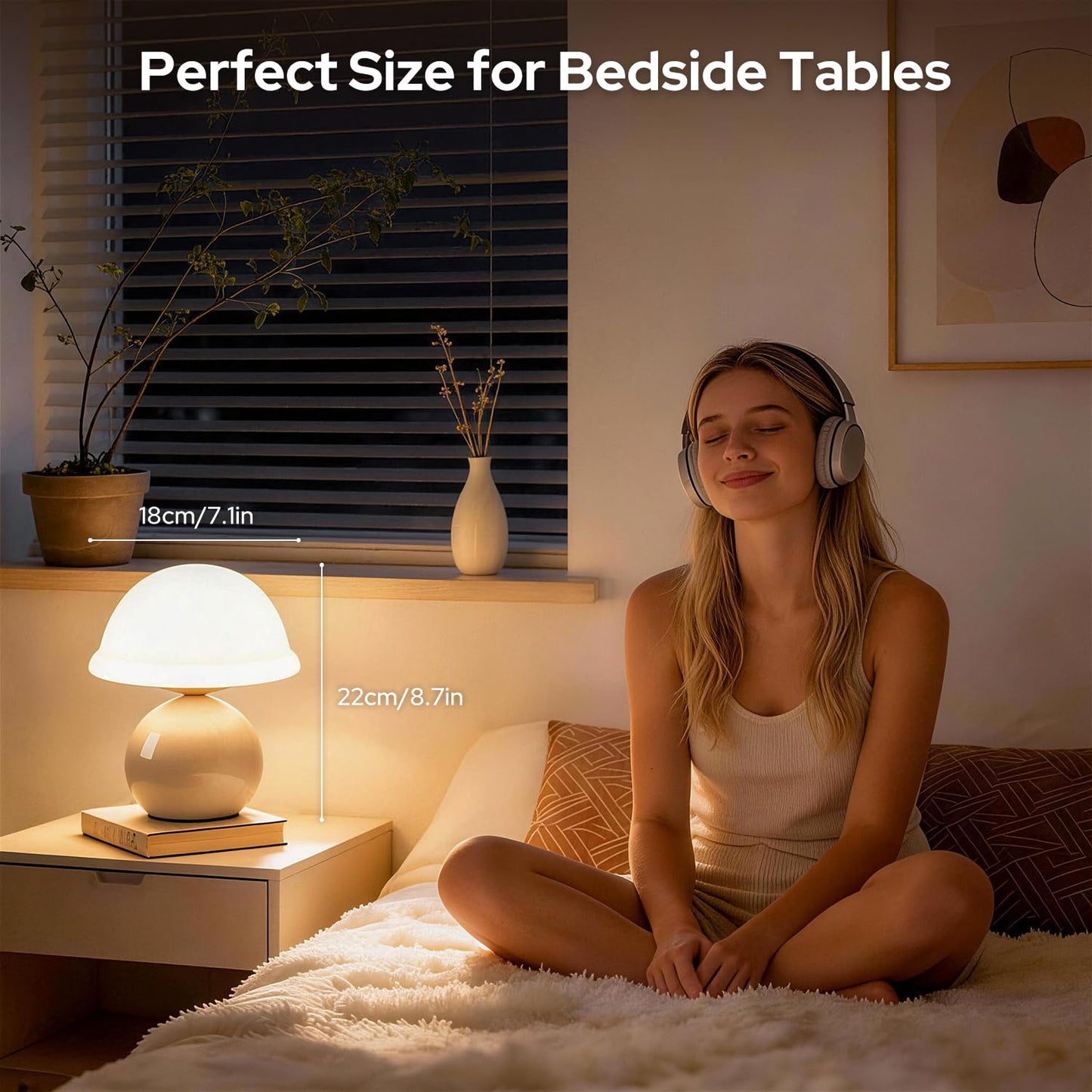 Komothala Mushroom Table Lamp for Bedroom, Cozy Bedside Lamp with Glass Shade, Stepless Dimmable Nightstand Lamp for Relaxing Bedroom Decor & Aesthetic Home (White)