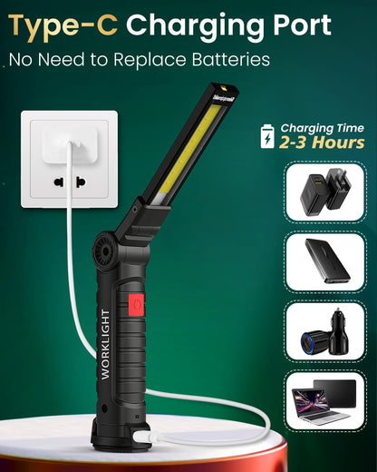 Coquimbo Work Light Christmas Stocking Fillers Gifts for Men Him, LED Torch Rechargeable Inspection Lamp Mechanic Emergency BBQ Light 360° Rotate with Magnetic Base and Hook (2 Pack, Black)