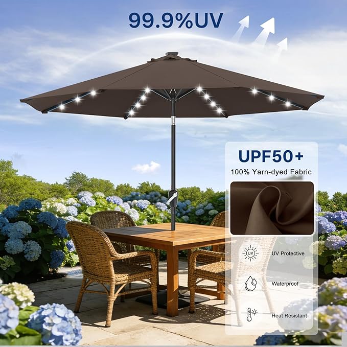 ABCCANOPY 10FT Durable Solar Led Patio Umbrellas with 32LED Lights (Brown)