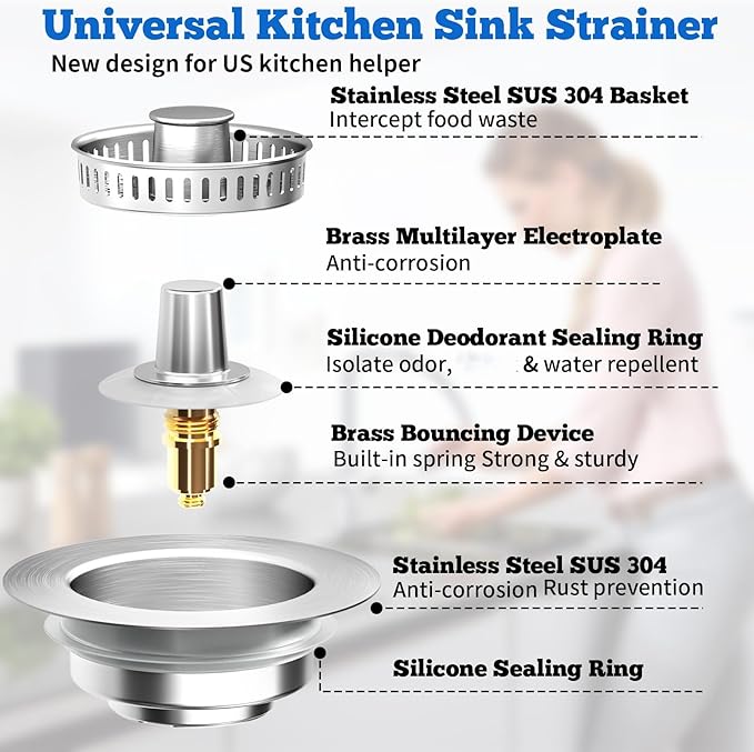 Upgraded 3 in 1 Kitchen Sink Drain Strainer Stopper, Brushed Stainless Steel