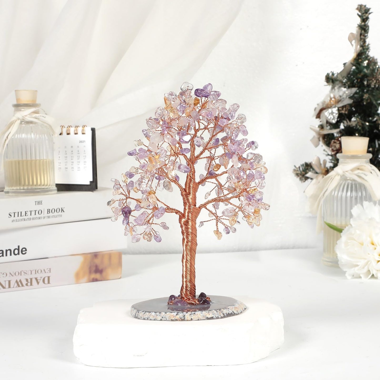dssmboom Healing Crystal Money Tree with Natural Agate Slice Base for Chakra Balancing, Decorative Feng Shui Stone Bonsai Crystal Tree for Wealth and Good Luck, Amethyst & Citrine