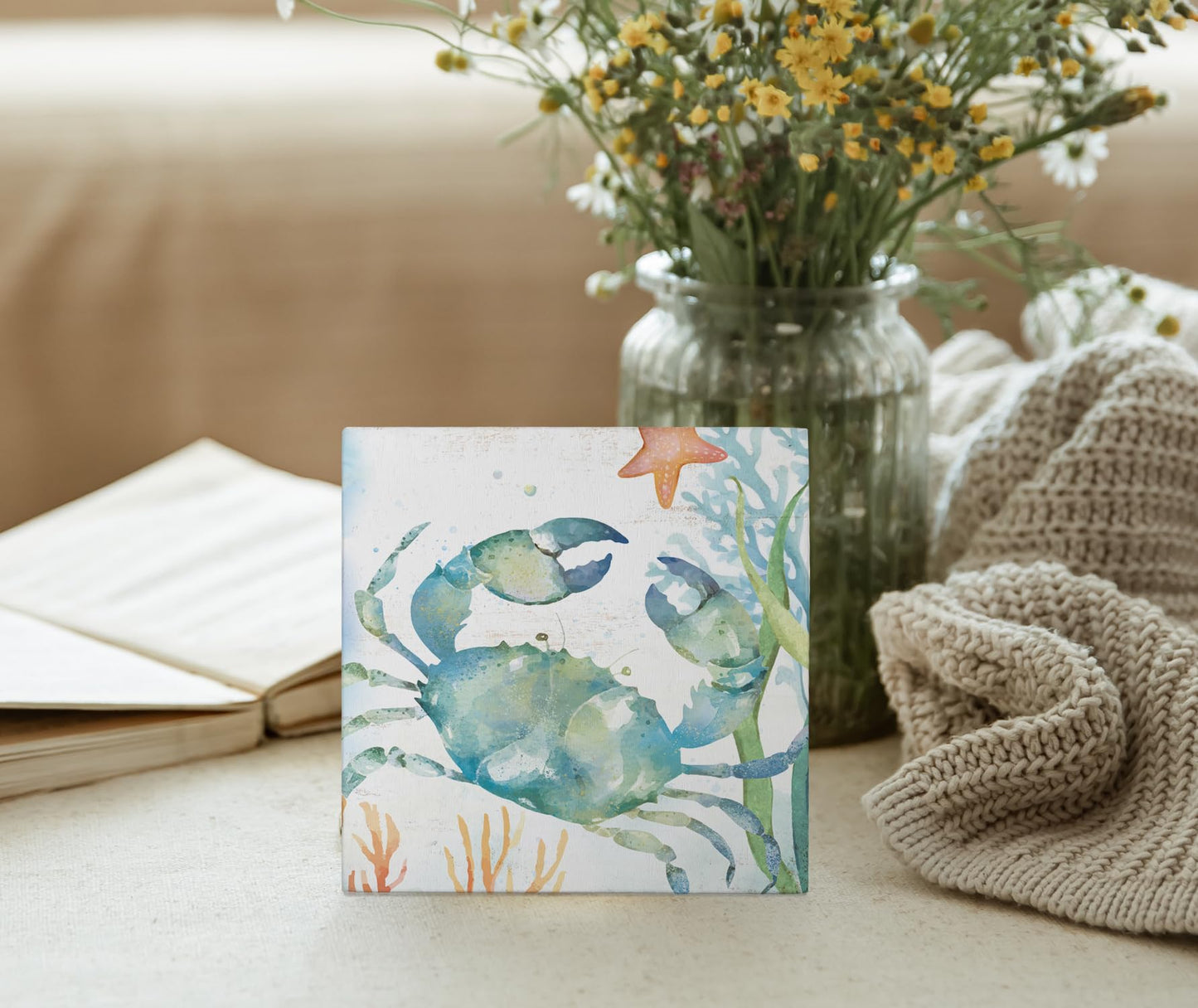 Mtrgdn Blue Crab Decor,Ocean Bathroom Crab Wood Box Sign Decor,Rustic Tiered Tray Decorations for Coastal Beach House Bathroom Wall Shelf Table Desk,Gift for Ocean Lovers,5x5 Inch