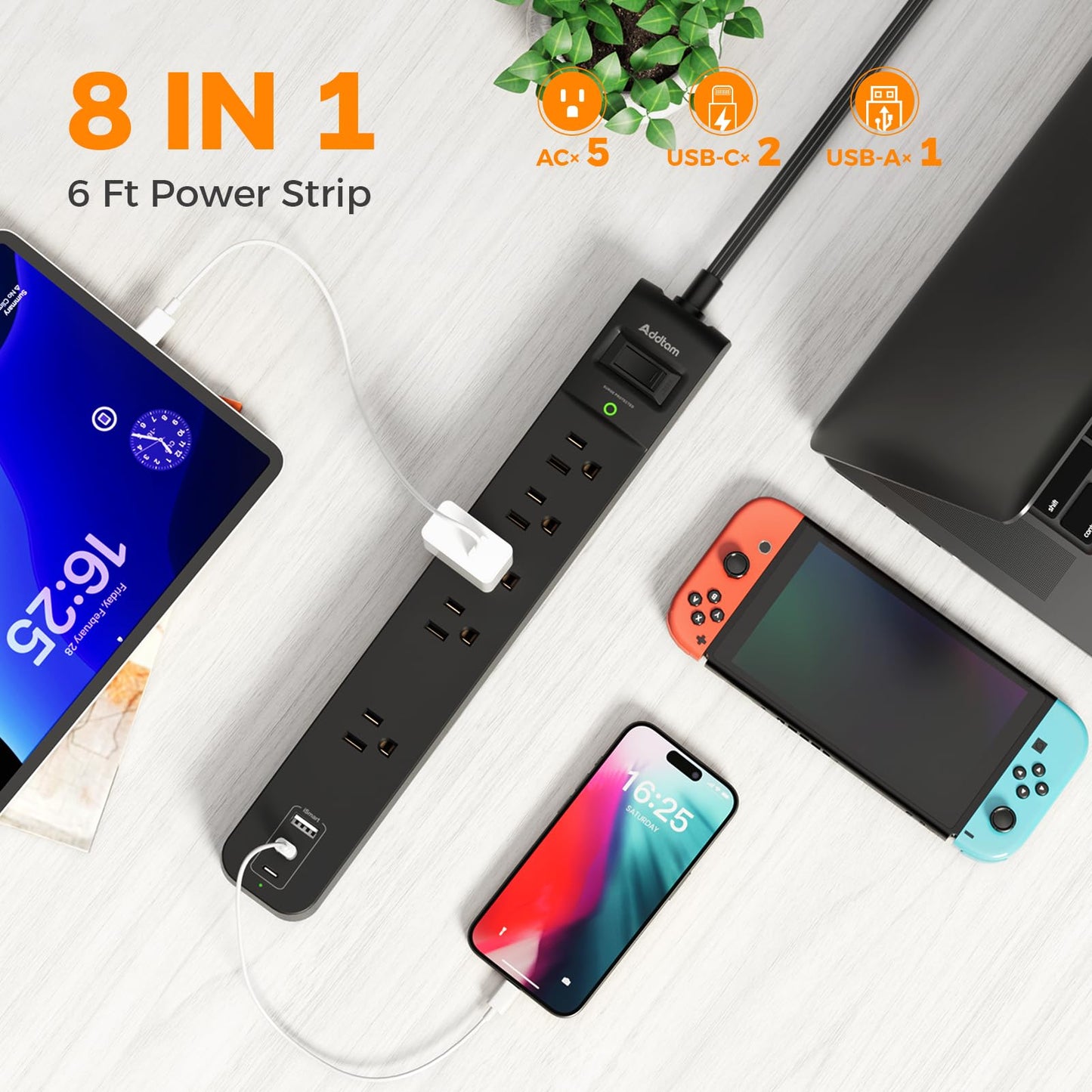 2 Pack Power Strip Surge Protector - 5 Widely Spaced Outlets 3 USB Charging Ports, 1875W/15A 6Ft Braided Extension Cord, Flat Plug Overload Protection, Wall Mount for Home Office Dorm Room Essentials