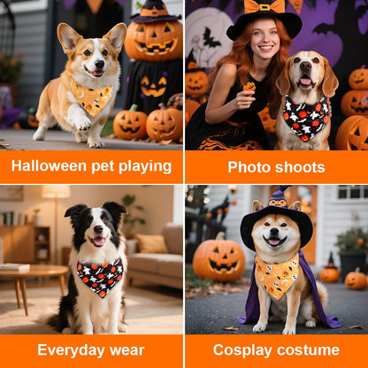 SZEE Halloween Dog Bandanas - 2 Pack Festive Pet Accessories with Skulls & Ghosts, Halloween Costumes for Dogs for Hauntingly Cute Looks This October (Large, Black & Orange)