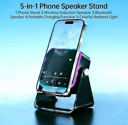5-in-1 Wireless Induction Speaker,360°Adjustable Phone Stand with Wireless Bluetooth Speaker, Stereo Sound, Multiple RGB Ambient Lights,3500mAh Rechargeable Compatible with iPhone Gifts for Men Women