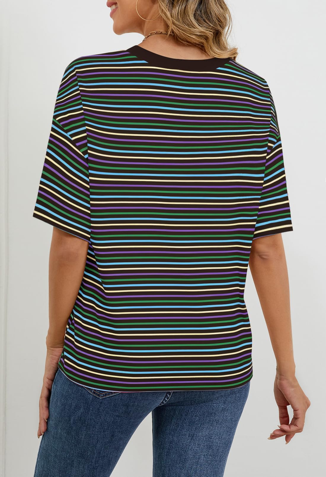 MEROKEETY Women's Summer Short Sleeve Shirt Casual Colourful Striped Crewneck Loose Tops Blouse, Black, Small