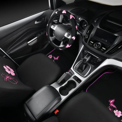 CAR PASS Universal Cloth Butterfly Car Seat Covers Full Set, Embroidered Flower Waterproof Car Floor Mats Carpet, Butterflies Steering Wheel Cover for Car Accessories Interior Sets (Black and Pink)
