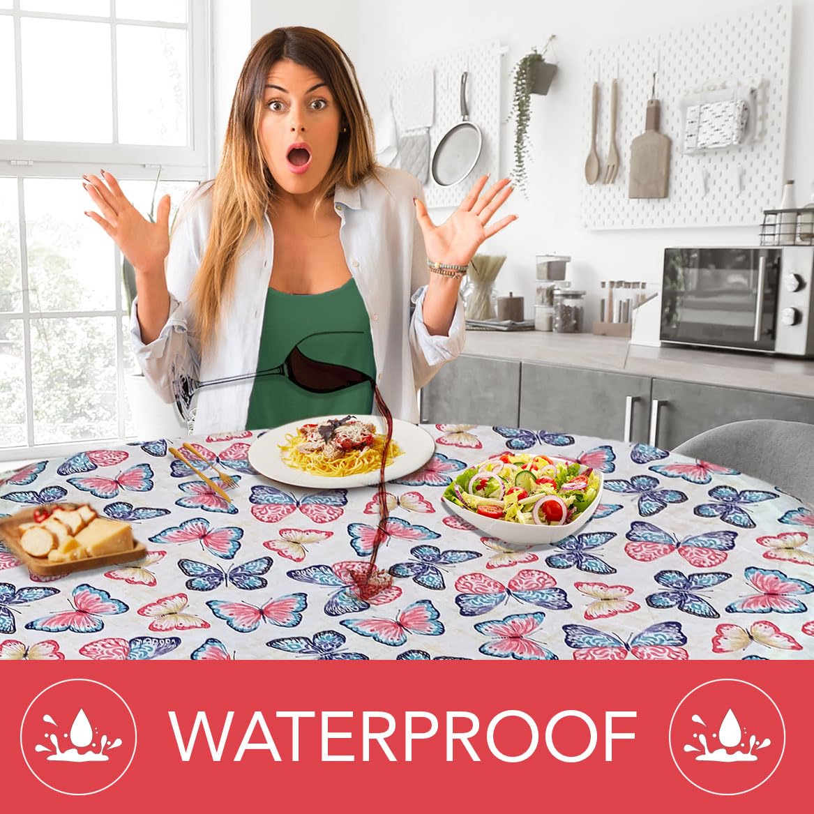 Covers For The Home Deluxe Elastic Edged Flannel Backed Vinyl Fitted Table Cover - Butterfly Pattern - Large Round Oblong Oval - Fits Tables up to 45" - 56" Diameter