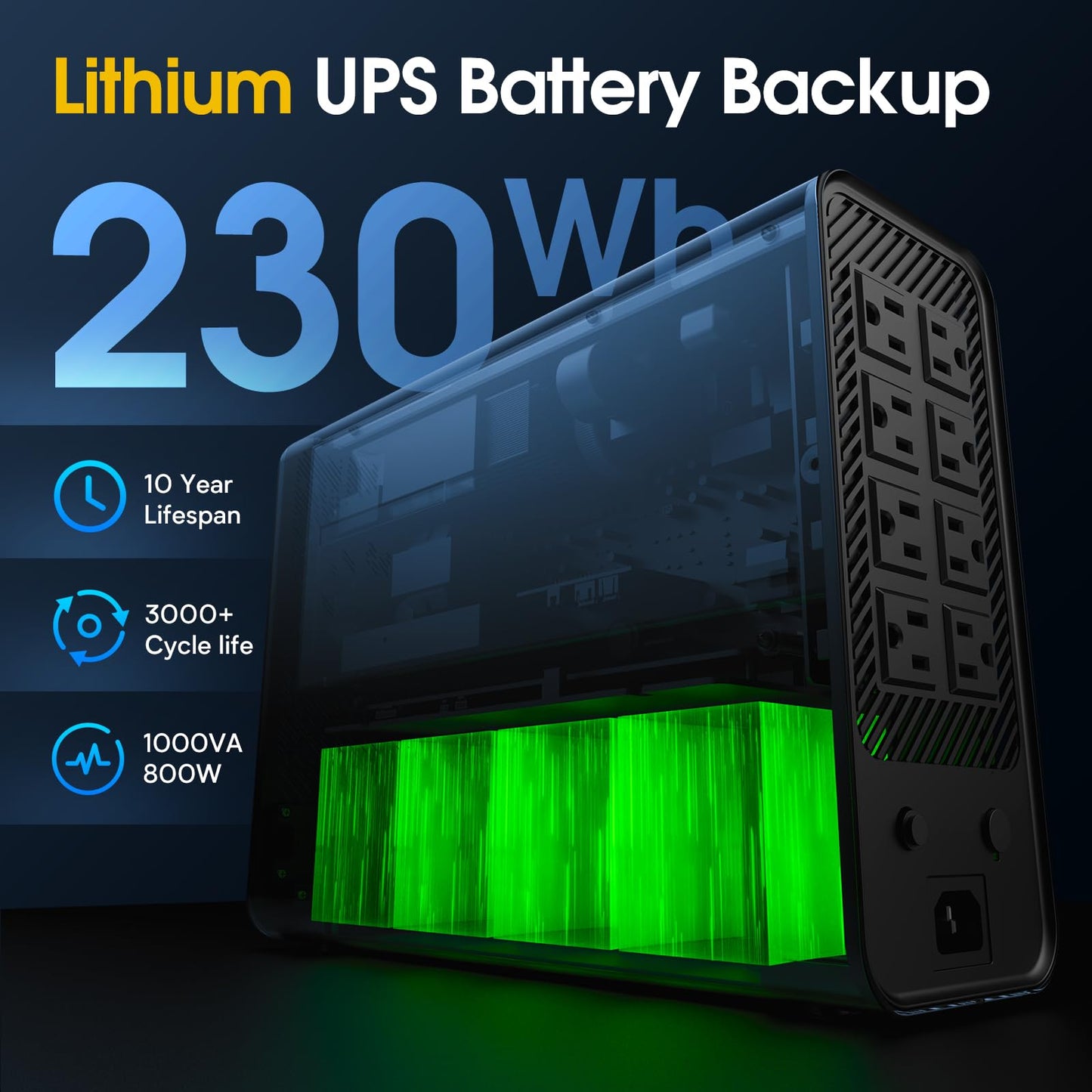 GOLDENMATE 1000VA/800W Lithium UPS Battery Backup and Surge Protector, Sinewave UPS System with LiFePO4 Battery(230Wh),Upgraded Pro Ver. with Communication Port, 8 Outlets, for NAS & Home Office, Gray