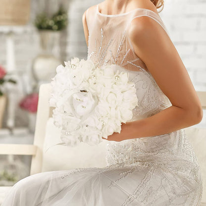 GOTOTOP Wedding Pillow, White Heart Shape Wedding Box for Wedding Lace Crystal Rose Heart Box Wedding Holder Gift