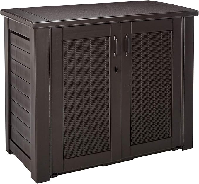 Rubbermaid Decorative Outdoor Storage Cabinet (123 Gal) Weather Resistant Dark Brown Organization for Home/Backyard/Pool Chemicals/Toys/Garden Tools/Porch/Patio Cushions