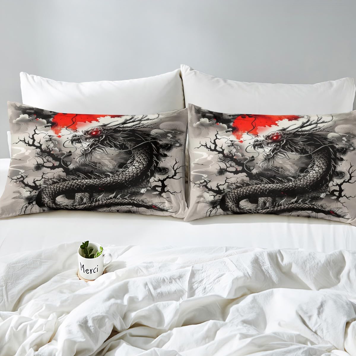 Black Dragon Fitted Sheet Queen Size,Japanese Style Bedding Set 3Pcs for Kids Girls Boys Teens Room Decor,Sunset Ink Tie Dye Bed Sheets Magical Style Wildlife Deep Pocket Sheet,2 Pillowcases
