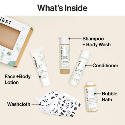 The Honest Company Fragrance-Free Bathtime Gift Set, Hypoallergenic, Bath Essentials for Sensitive Skin, Shampoo and Body Wash, Face Lotion, Bubble Bath, Conditioner, Wash Cloth