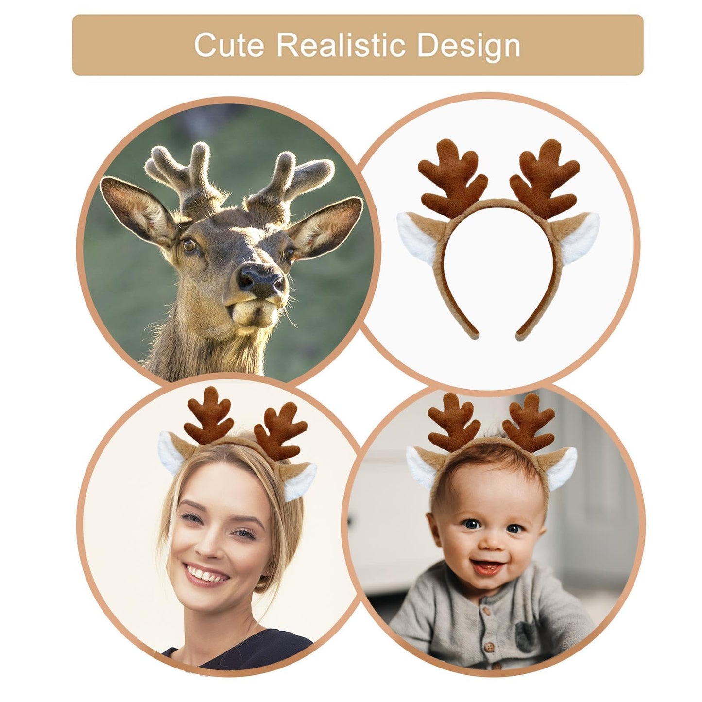 Beviliu Reindeer Antlers Headband - Animal Ears Headbands Fluffy Realistic Deer Antler Hairband Party Cosplay Costume Washing for Christmas Halloween