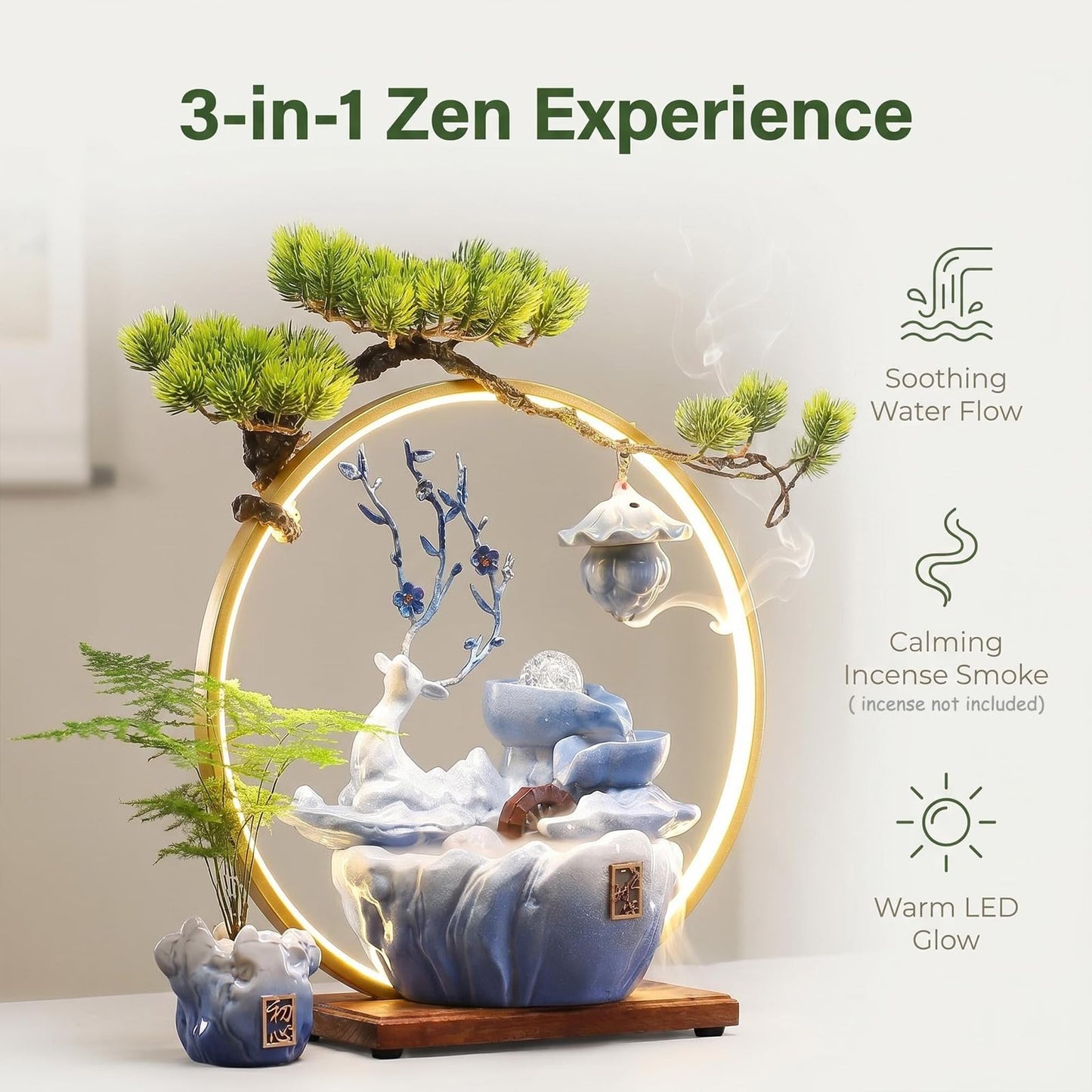 CIFUPUQU Tabletop Water Fountain, 17.3”Tall Deer Statue Waterfall Fountain with Incense Holder, LED Light & Adjustable Pump, Zen Relaxation Desk Fountains for Office,Living Room or Bedroom