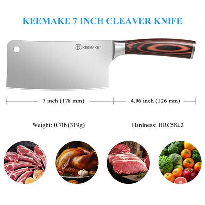 KEEMAKE Cleaver Meat Knife 7 inch, Heavy Duty with German High Carbon Stainless Steel 1.4116 Chopper Vegetable Knife with Ergonomic Pakkawood Handle Gift Box