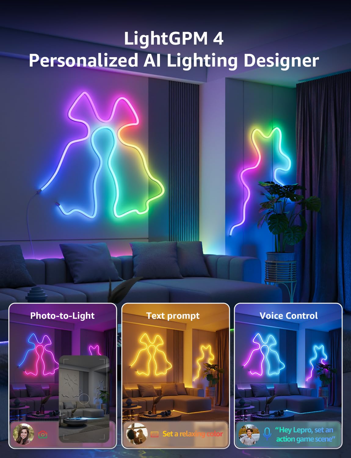 Lepro N1 AI Smart RGB Rope Lights for Christmas, Personalized AI Lighting Designer, LightBeats Music Sync, Color Segment DIY, Voice Control Via App, 9.84ft Wi-Fi & Bluetooth LED Strip Lights