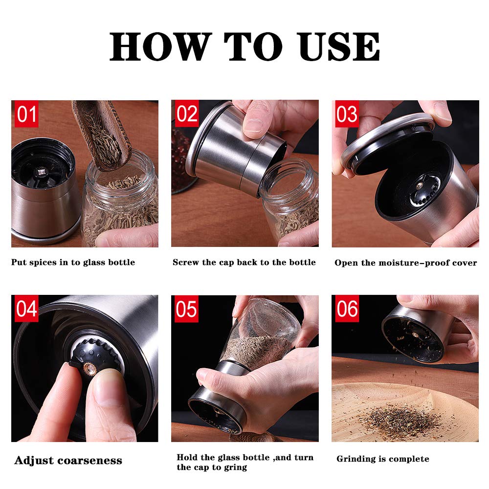 Salt and Pepper Grinder Set, 2-Piece Set, Stainless Steel Material, Adjustable Granularity, Sea Salt Grinder and Pepper Grinder Can Be Refilled, With Stand and Cleaning Brush