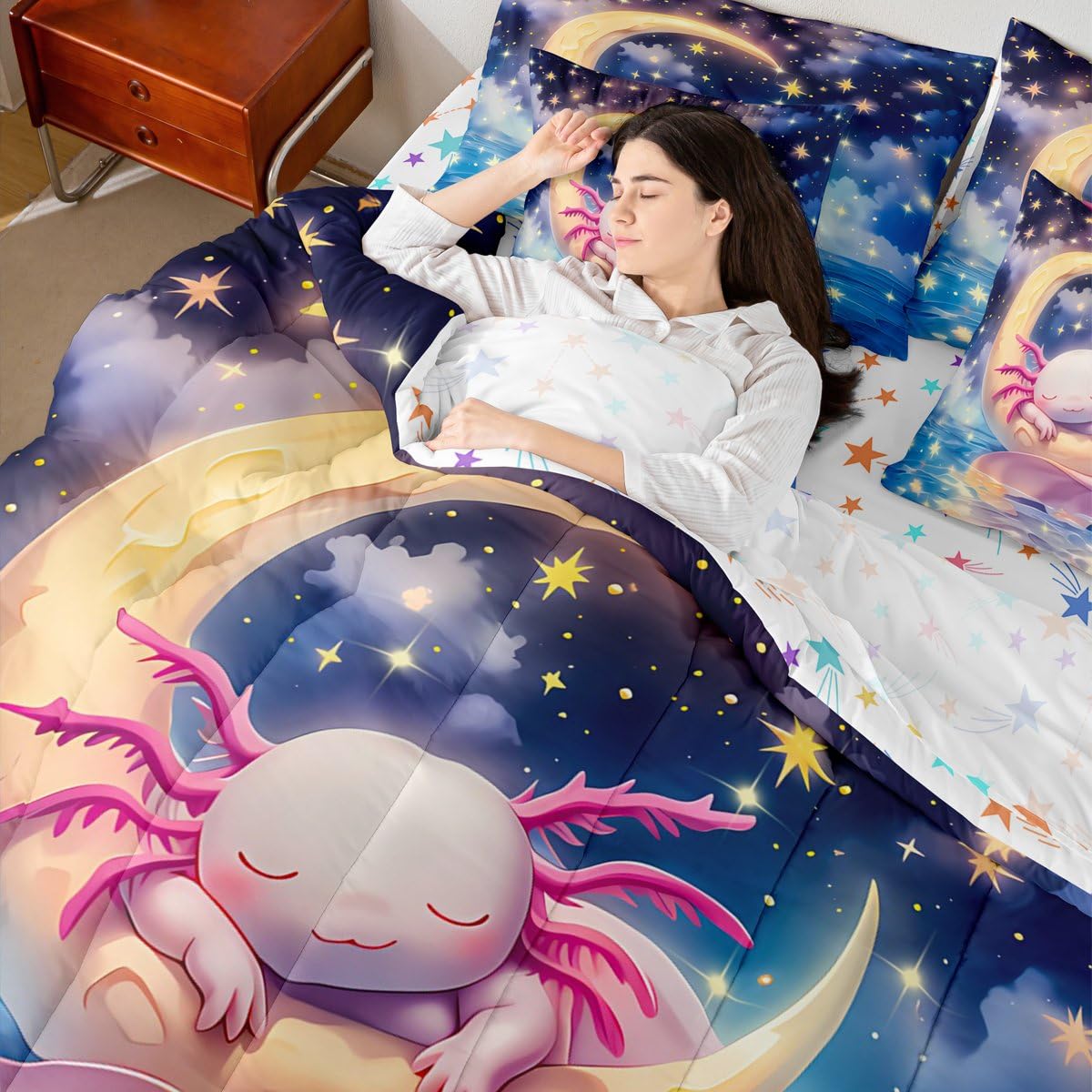 Erosebridal Kids Cute Axolotl Queen Comforter Set Teen Girl Cartoon Ocean Animal Bed in a Bag Preppy Dreamy Fantasy Axolotl 7-Piece Bedding Set Space Stars Galaxy Salamander Quilt Duvet Sets