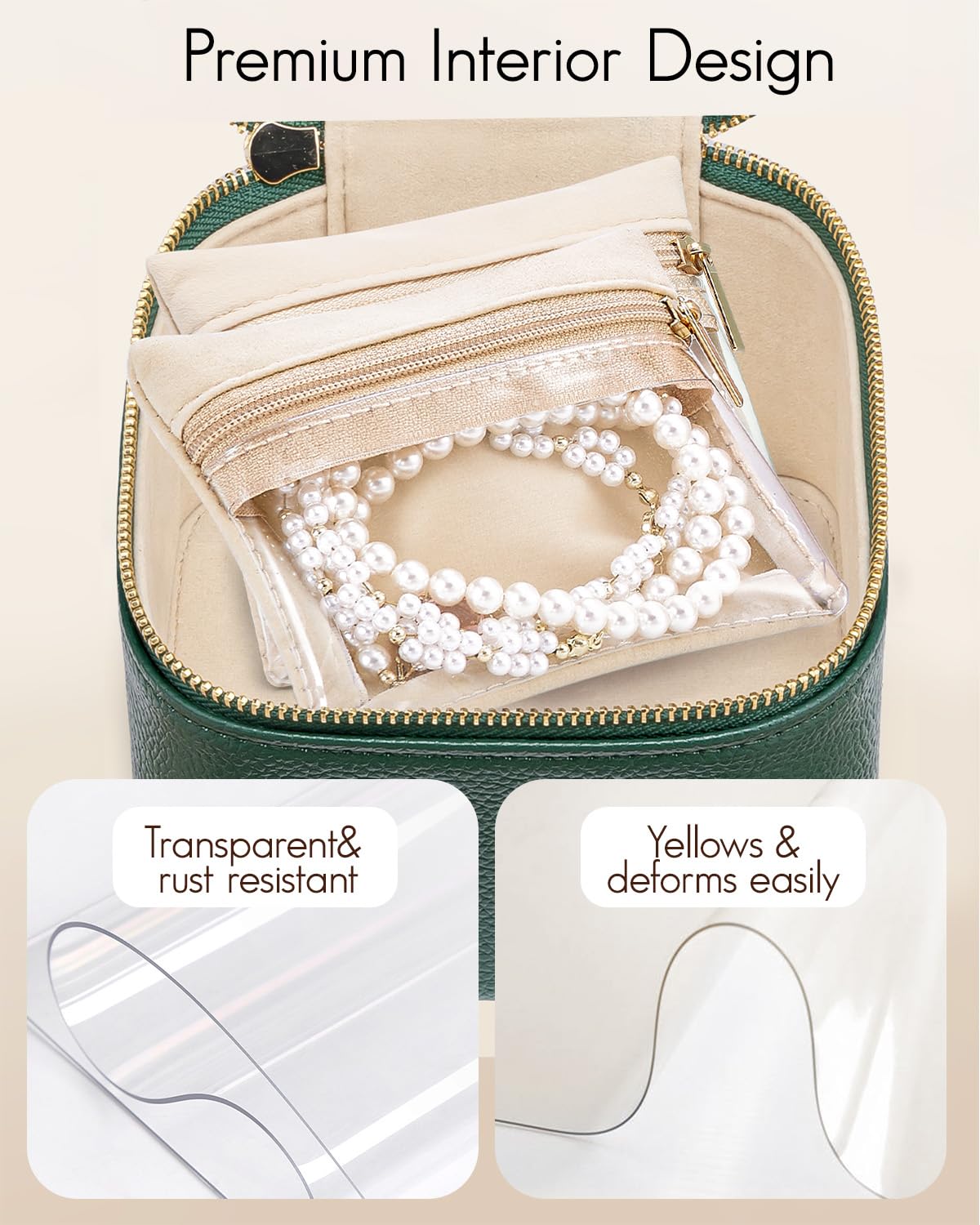 VLANDO Gifts for Teachers,Travel Jewelry Box with 6 Velvet Jewelry Zipper Pockets Jewelry Case Premium Petal Hardware Travel Jewelry Organizer Graduation Gifts (Green)