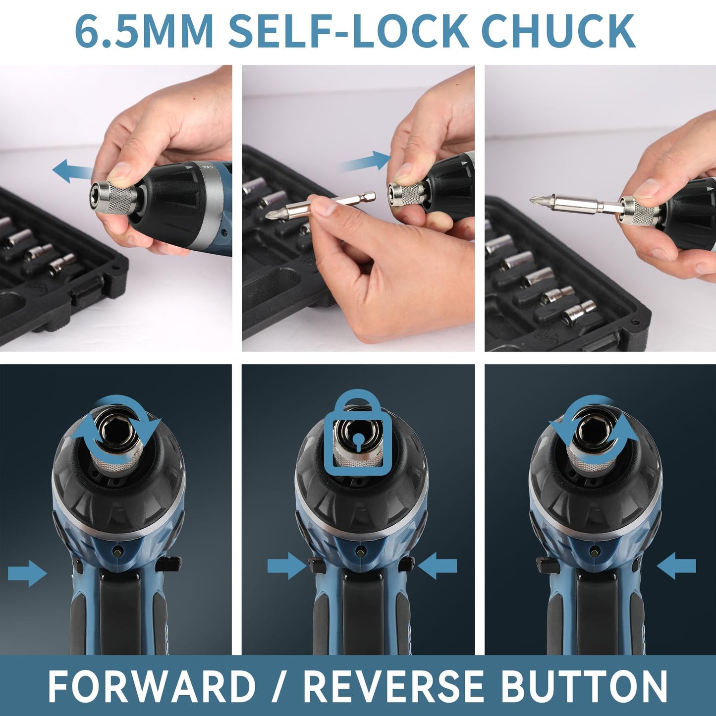 C P CHANTPOWER Cordless Electric Screwdriver Set, 6 +1 Torque Setting Rechargeable 4V Small Screwdriver with 11 Accessories, Flashlight and Charger Blue
