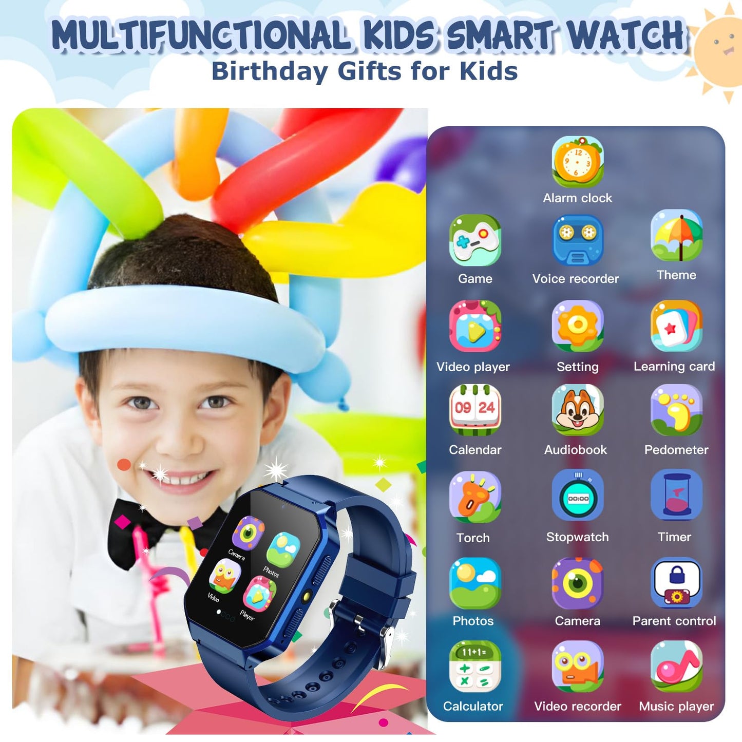 DERUI Smart Watch for Kids 3-12 Years Boys Girls, 26 Puzzle Games, Smartwatch with Camera, Pedometer, Stopwatch, Video Voice Music Player Calendar Alarm Clock Learn Card for Children Gifts (Blue)
