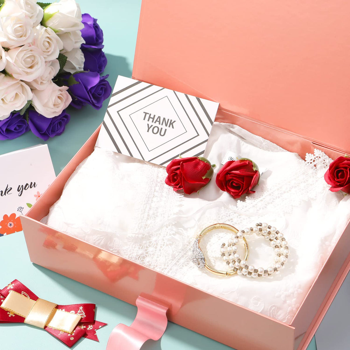 GREEN BEAN Large Gift Box with Lid for Presents 13x9.7x3.4 Inches, Gift Box Rose Gold Magnetic with Ribbon, Bridesmaid Proposal Box Luxury (Glossy Rose Gold)