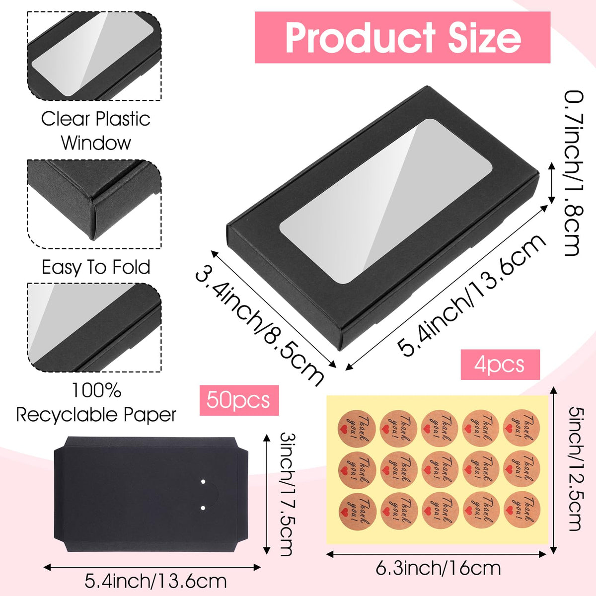 Tobeelec 50 Pcs Jewelry Packaging Boxes with Stickers - 5.4"x3.4"x0.7", Paper Necklace Gift Box Bulk with Clear Window Display Card Sticker for Displaying Necklaces Rings Bracelets Earrings (Black)