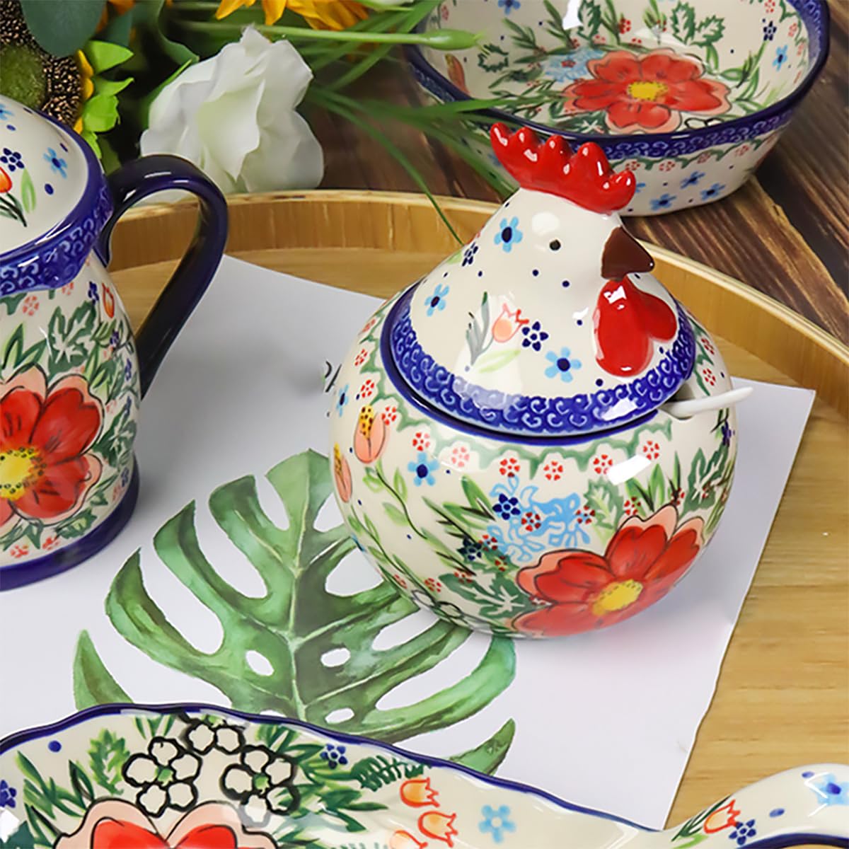 Bicuzat Vintage Flower Pattern Ceramic Sugar Bowl, Rooster Shaped Salt Bowl with Lid, Retro Cock Bowl Condiment Pot for Home and Kitchen, 12 OZ