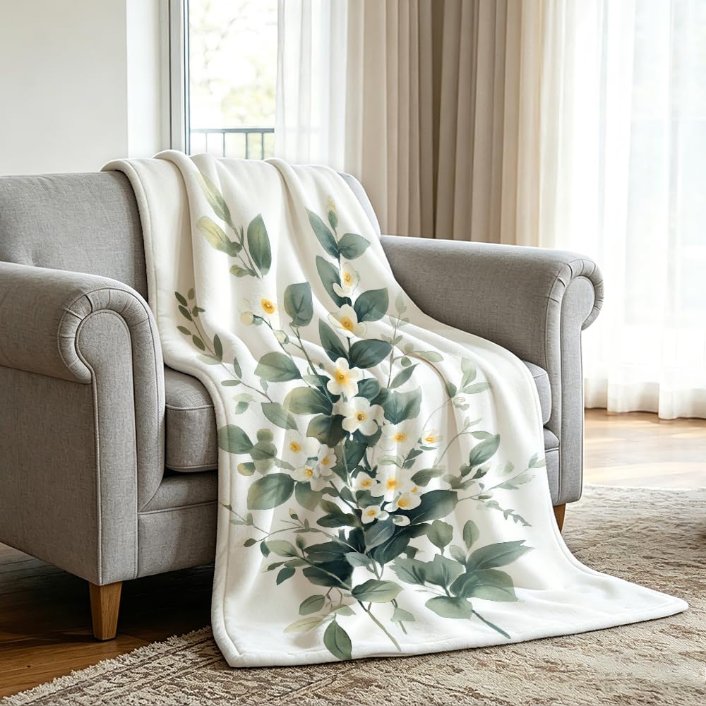 HUNXIAOJ Botanical Throw Blanket Green Leaves Blanket Plant and Floral Decor Botanical Bedding Warm Soft Flannel for Bed Sofa Couch (49in x 59in)
