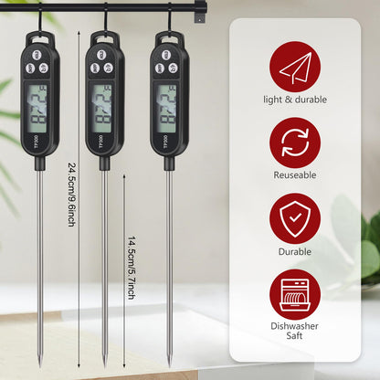 6 Pcs Instant Read Meat Thermometer with Long Probe 9.65 Inch Kitchen Cooking Food Candy Waterproof Digital Thermometer for BBQ Water Milk Yogurt Liquid (Round&Square Ring,Black,White,Red)