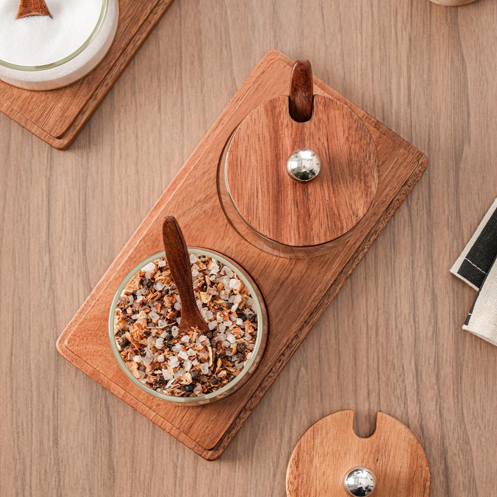 Condiment Containers Set with Acacia Wood Lids and Tray Seasoning Box Condiment Pots Jars with Spoons for Spice Salt Sugar Cruet (Silver Top, 2 Jars with Tray)